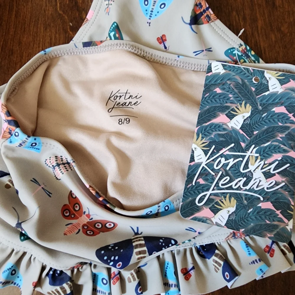 Kortni Jeane Beige Butterfly Print Ruffle High-Waist Swim Bottoms